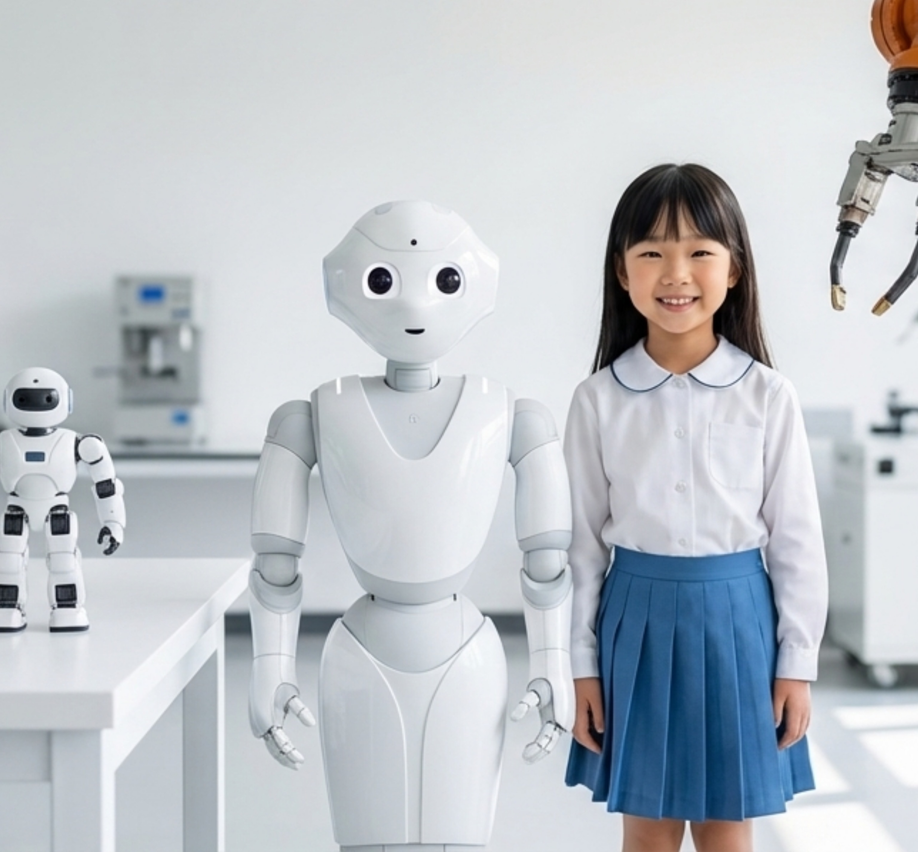 Girl standing with robot in technology lab